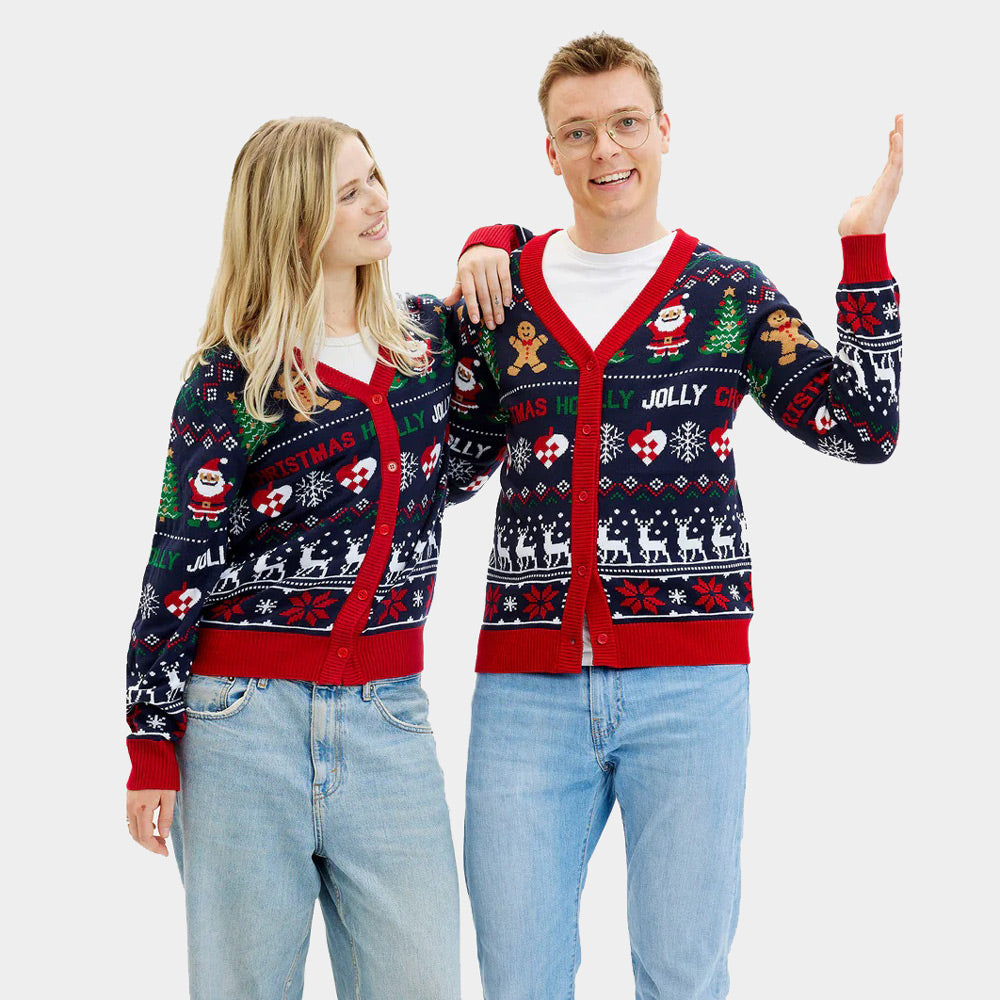 Couple's Blue and Red Cardigan Ugly Christmas Sweater