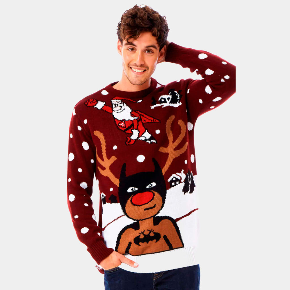 Couple's Ugly Christmas Sweater with Batman Rudolph and Superman Santa mens