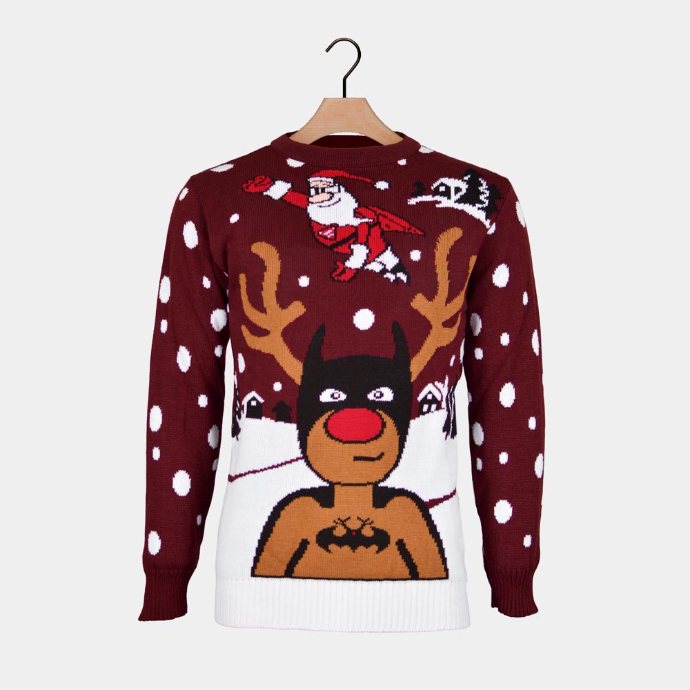 Couple's Ugly Christmas Sweater with Batman Rudolph and Superman Santa