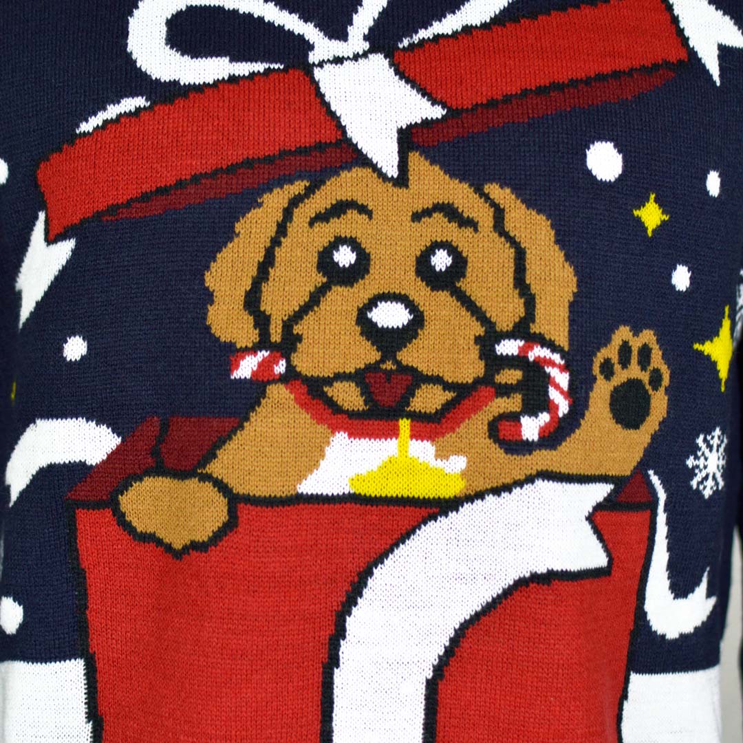 Couple's Ugly Christmas Sweater Feliz Navidog detail