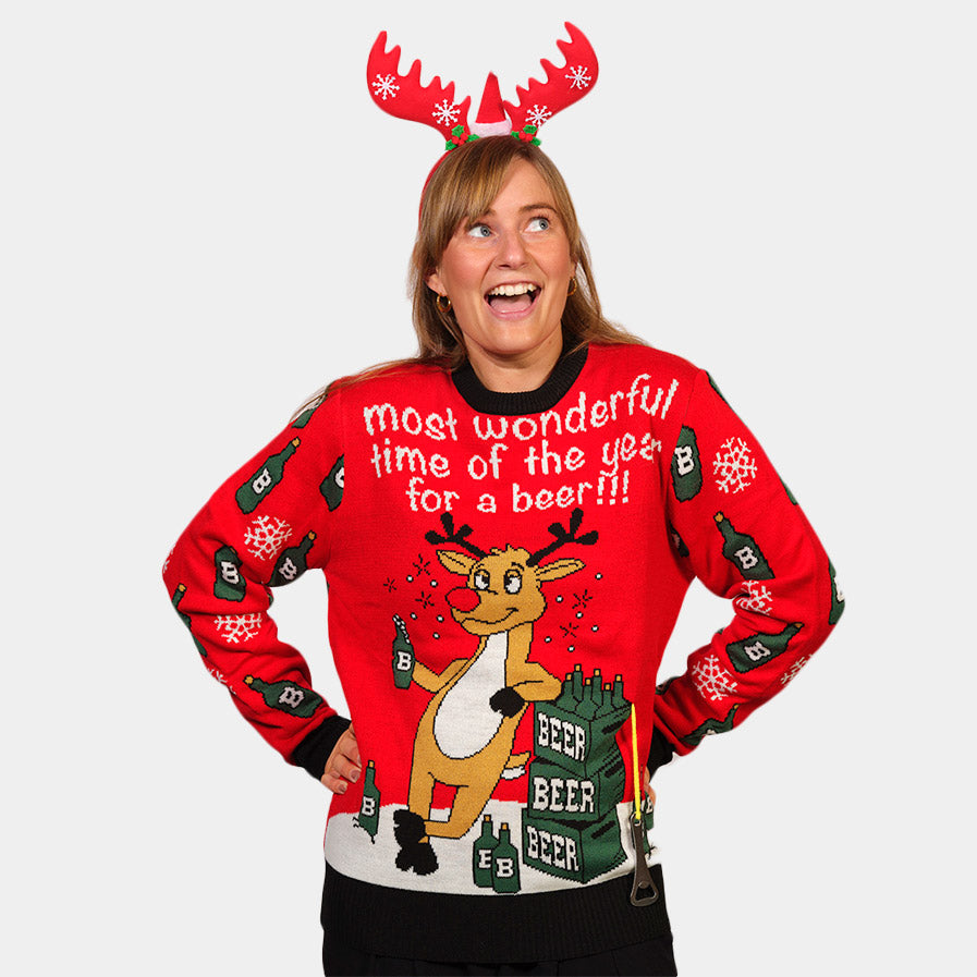 Couple's Ugly Christmas Sweater with Reindeer + Beer Opener womens