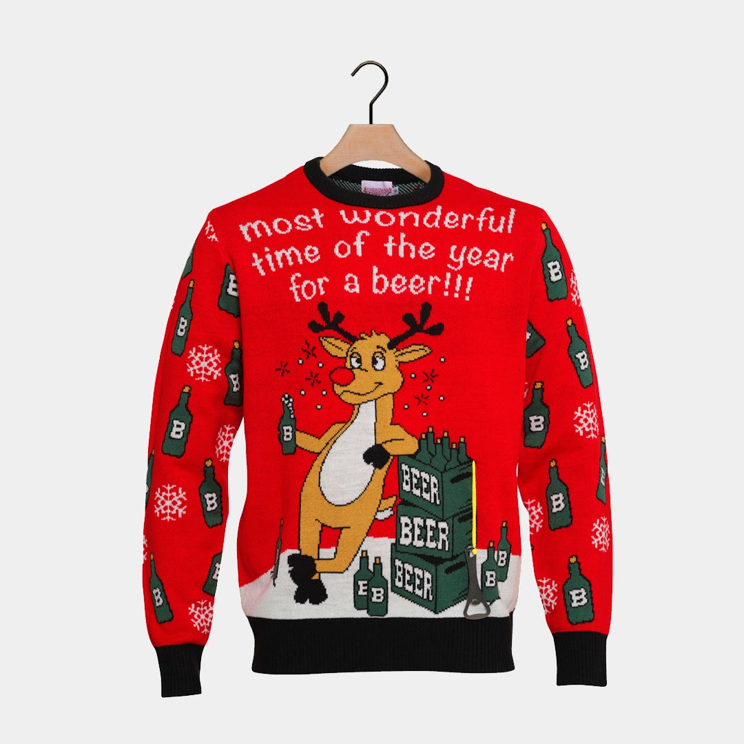 Couple's Ugly Christmas Sweater with Reindeer + Beer Opener