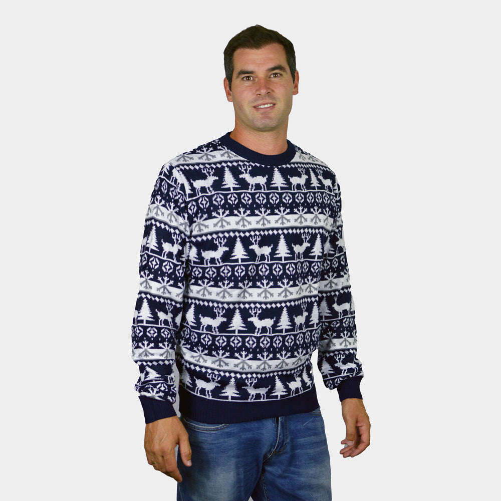 Mens Couple's Ugly Christmas Sweater with Reindeers and Trees Strips
