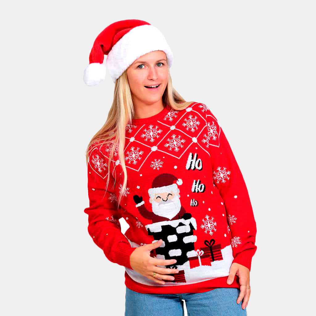 Couple's Ugly Christmas Sweater with Santa Coming through the Chimney womens