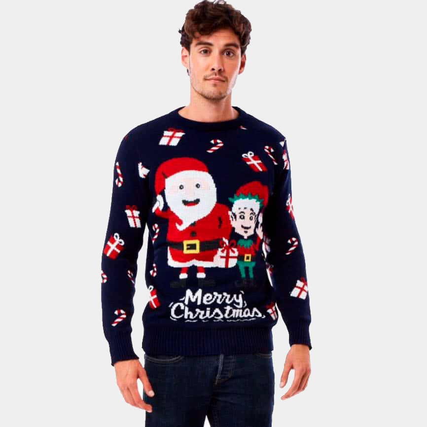 Mens Couple's Ugly Christmas Sweater with Santa and Elf