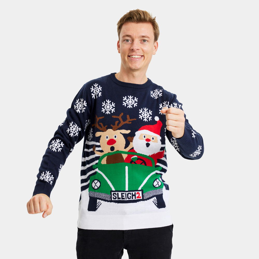 Couple's Ugly Christmas Sweater with Santa and Reindeer Driving Mens