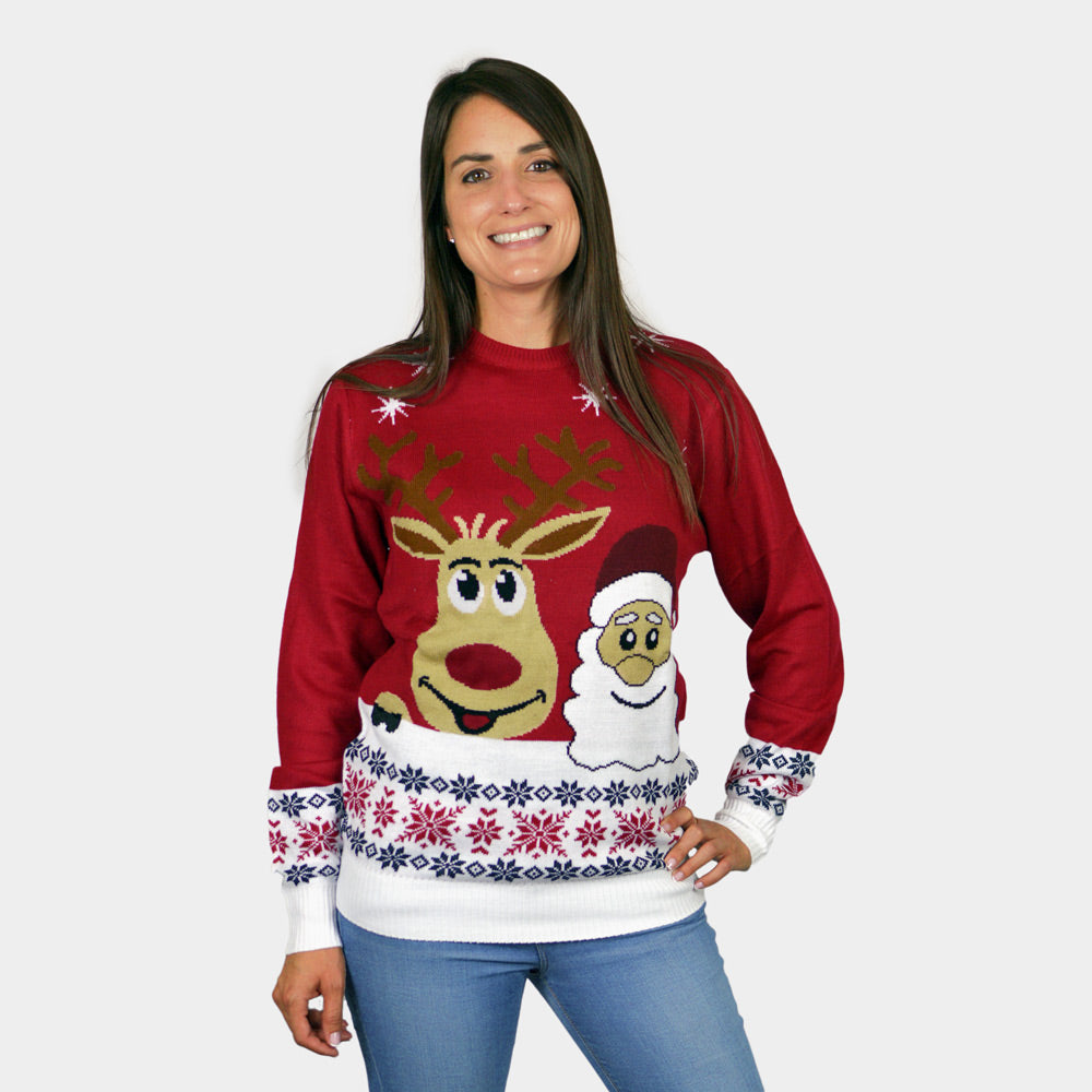 Couple's Ugly Christmas Sweater with Santa and Rudolph Smiling womens