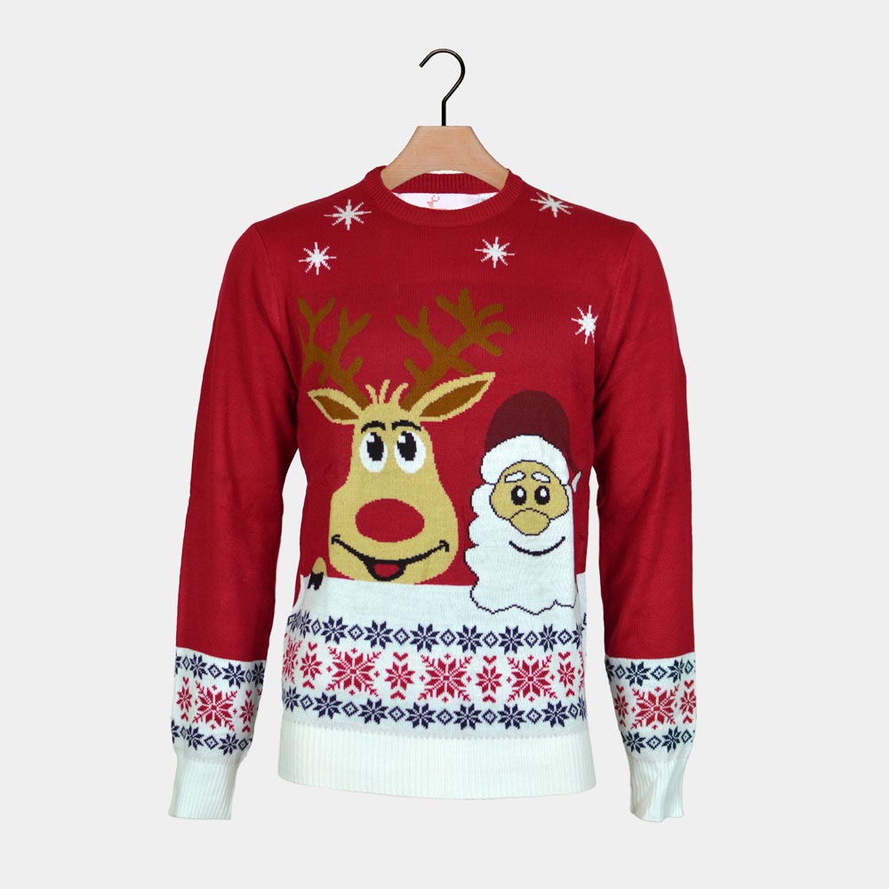 Couple's Ugly Christmas Sweater Santa Rudolph Smiling