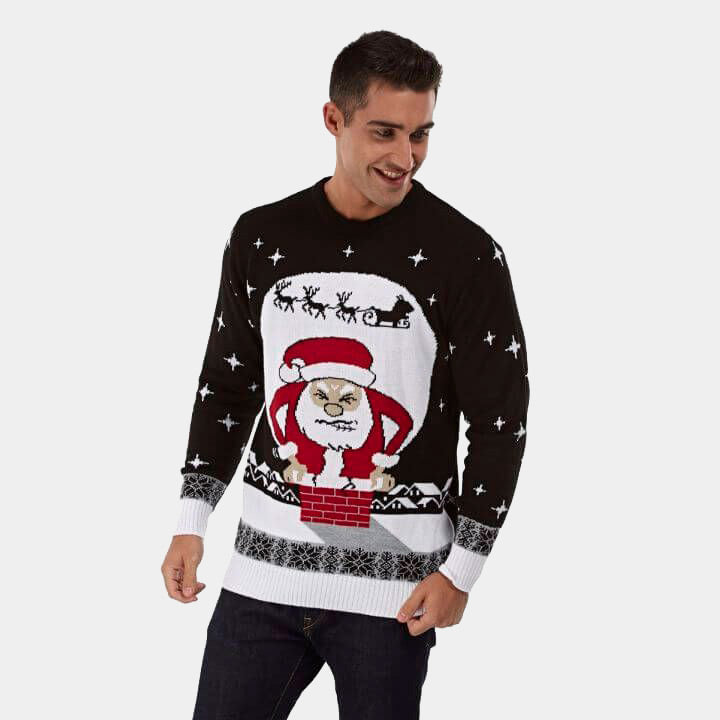 Couple's Ugly Christmas Sweater with Santa stuck in the Chimney Mens