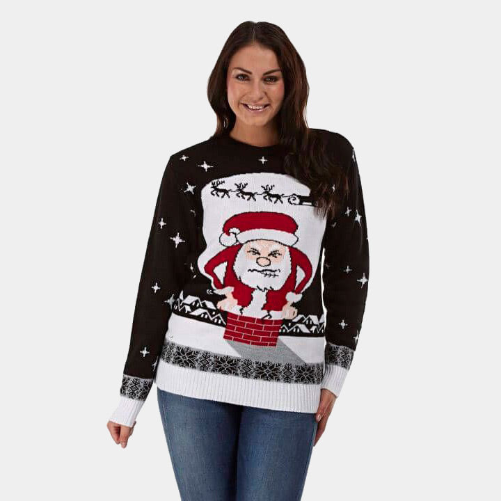 Womens Couple's Ugly Christmas Sweater with Santa stuck in the Chimney