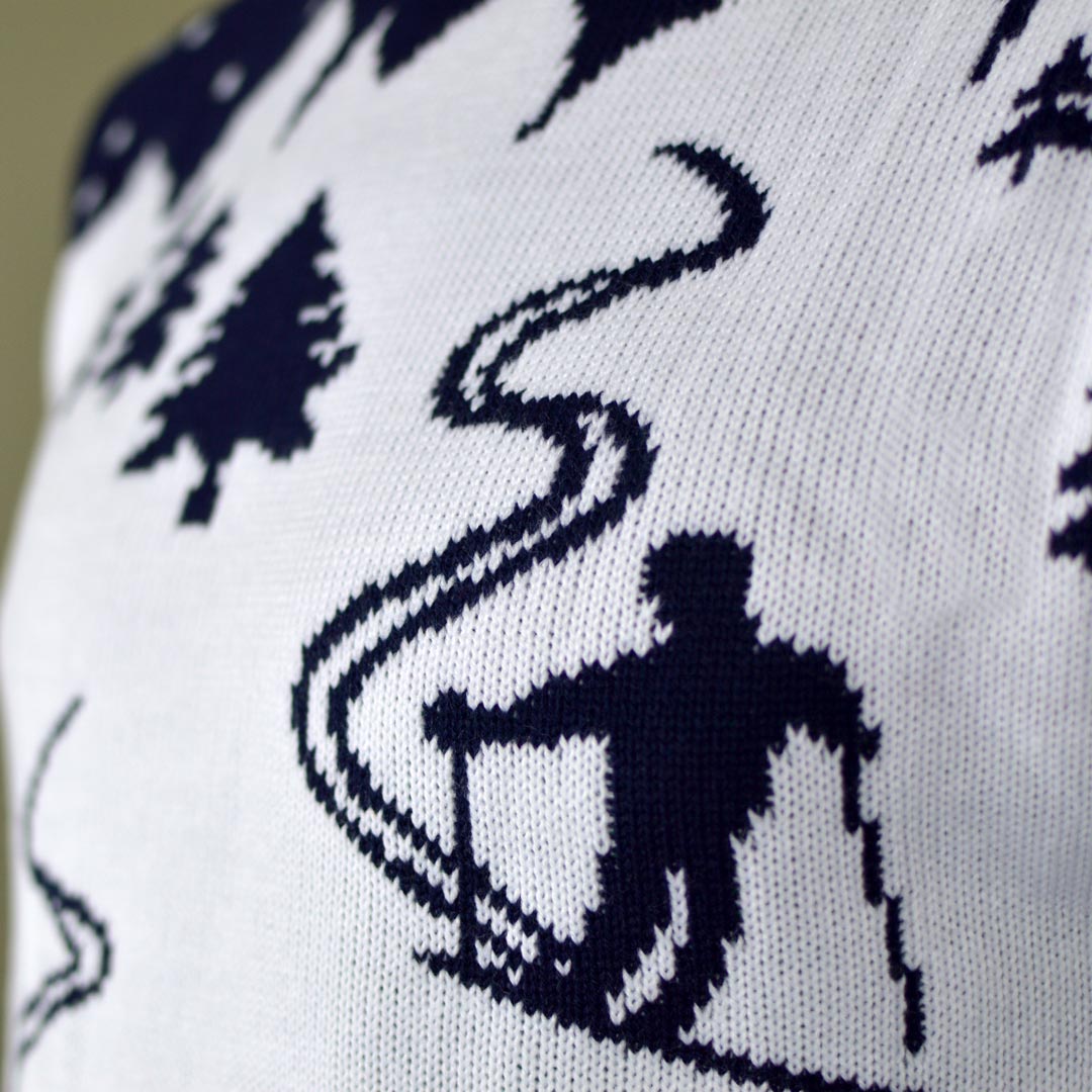 Couple's Ugly Christmas Sweater with Skiers detail