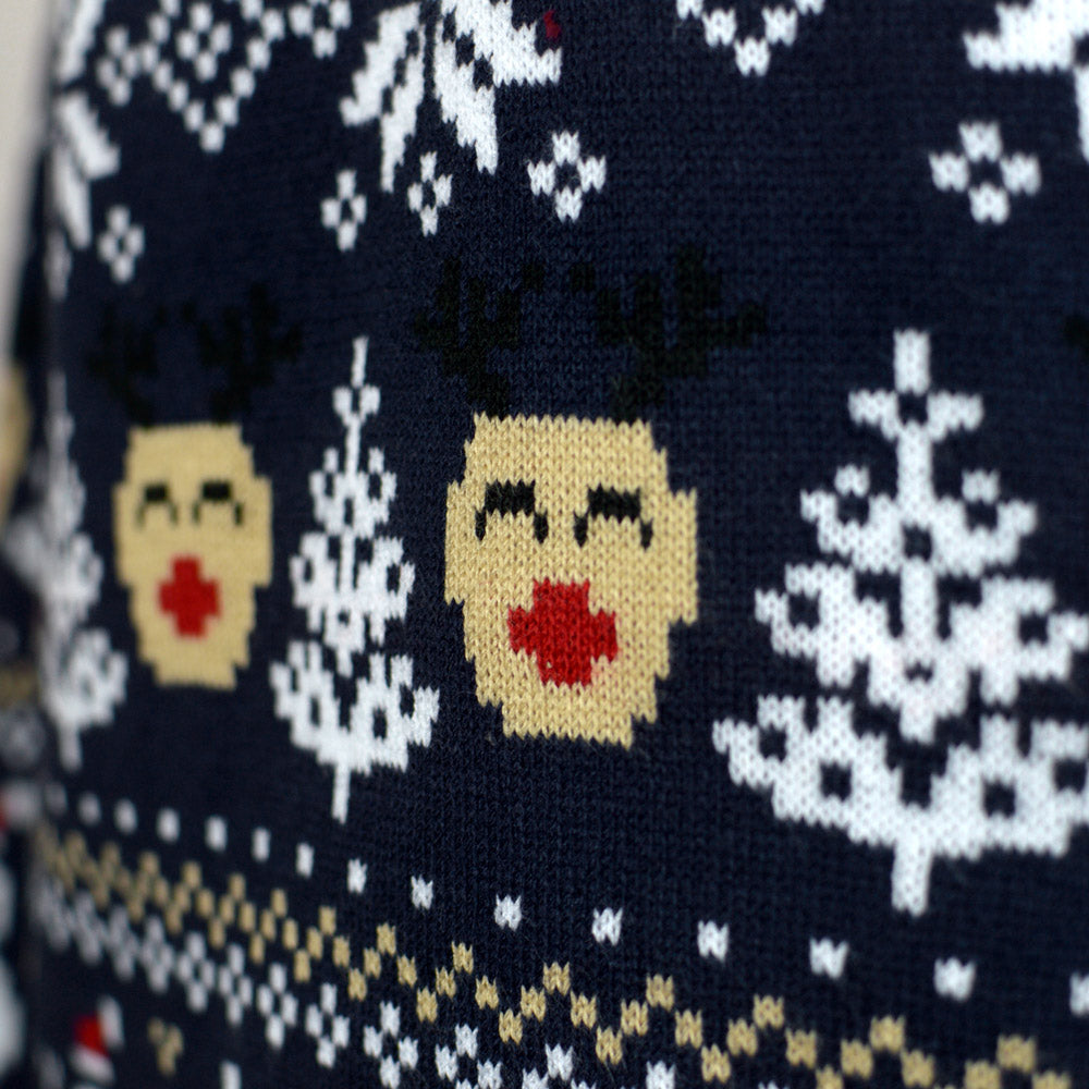 detail Blue Couples Ugly Christmas Sweater with Snowmen and Trees