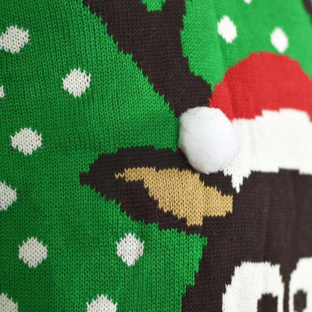 Green 3D detail Ugly Christmas Sweater Reindeer with Santa's hat