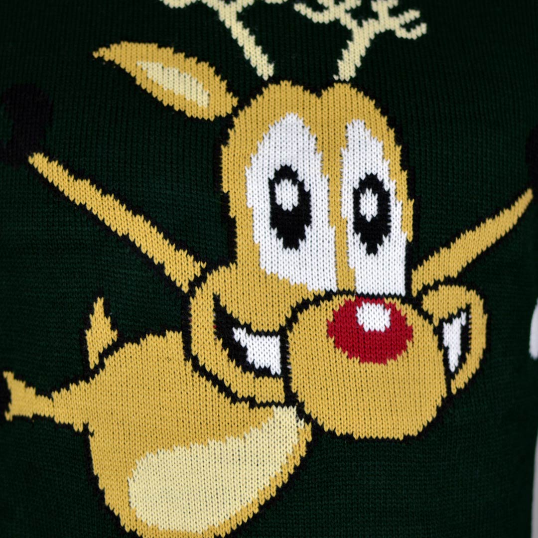 detail Green Couple's Ugly Christmas Sweater with skating Reindeer