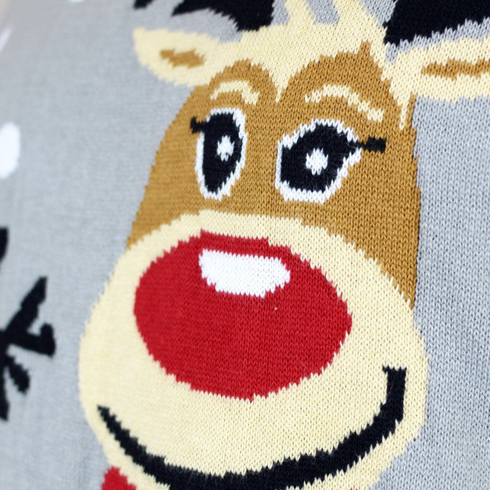 Grey Organic Cotton Cute Reindeers Family Ugly Christmas Sweater Detail