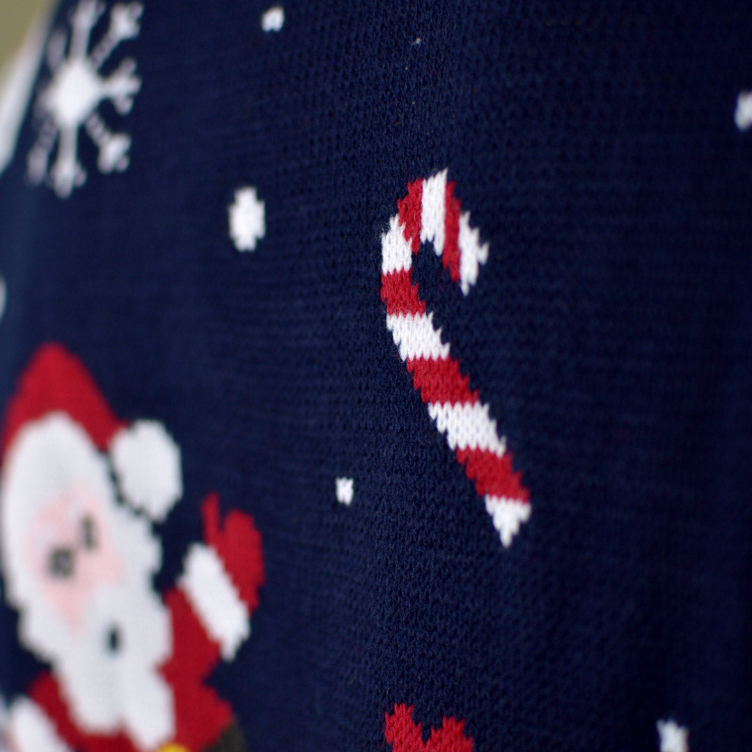 Detail Navy Blue Men's Ugly Christmas Sweater with Santa and Snowmens