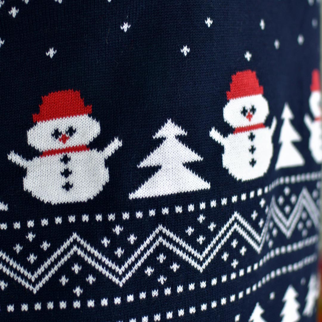 Organic Cotton Couple's Ugly Christmas Sweater with Trees, Snowmens and Santa detail