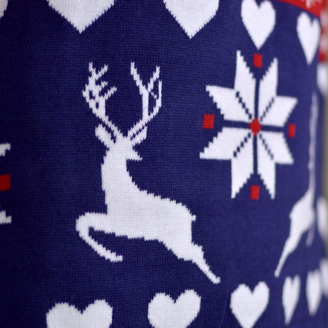 Red and Blue Couple's Ugly Christmas Sweater with Reindeers and Hearts detail