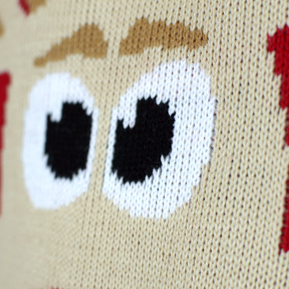 detail childrens Red Ugly Christmas Sweater with Reindeer and Snow
