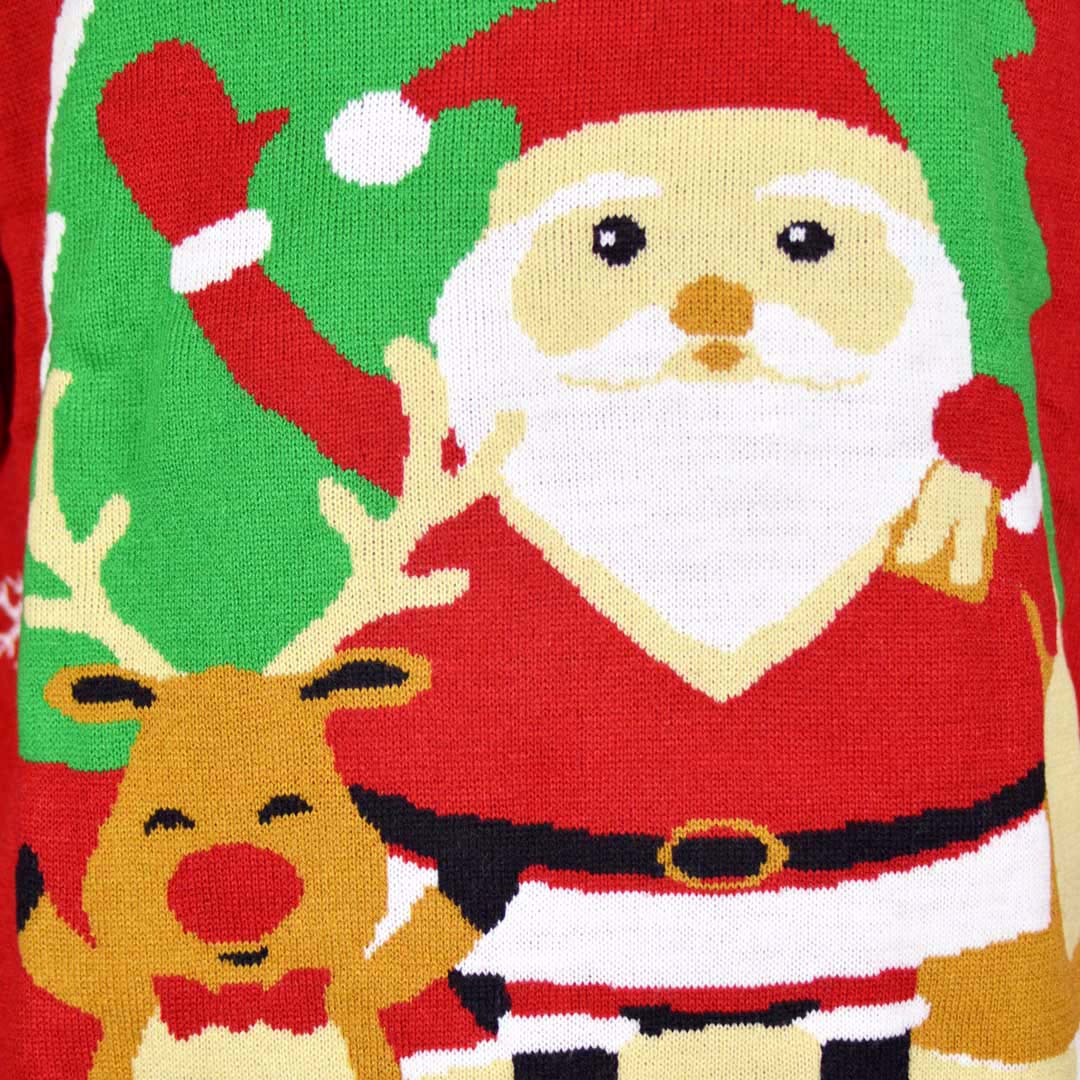 Red Childrens Ugly Christmas Sweater with Santa and Reindeer Greeting