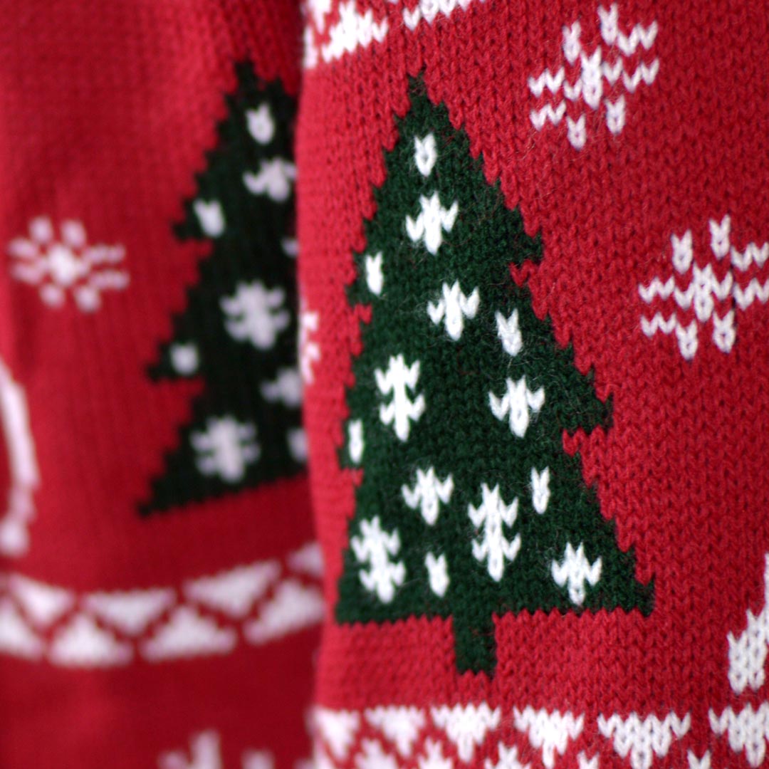 detail Red Couple's Ugly Christmas Sweater with Reindeers, Trees and Gifts