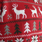 Red Couple's Ugly Christmas Sweater with Reindeers, Trees and Polar Star detail