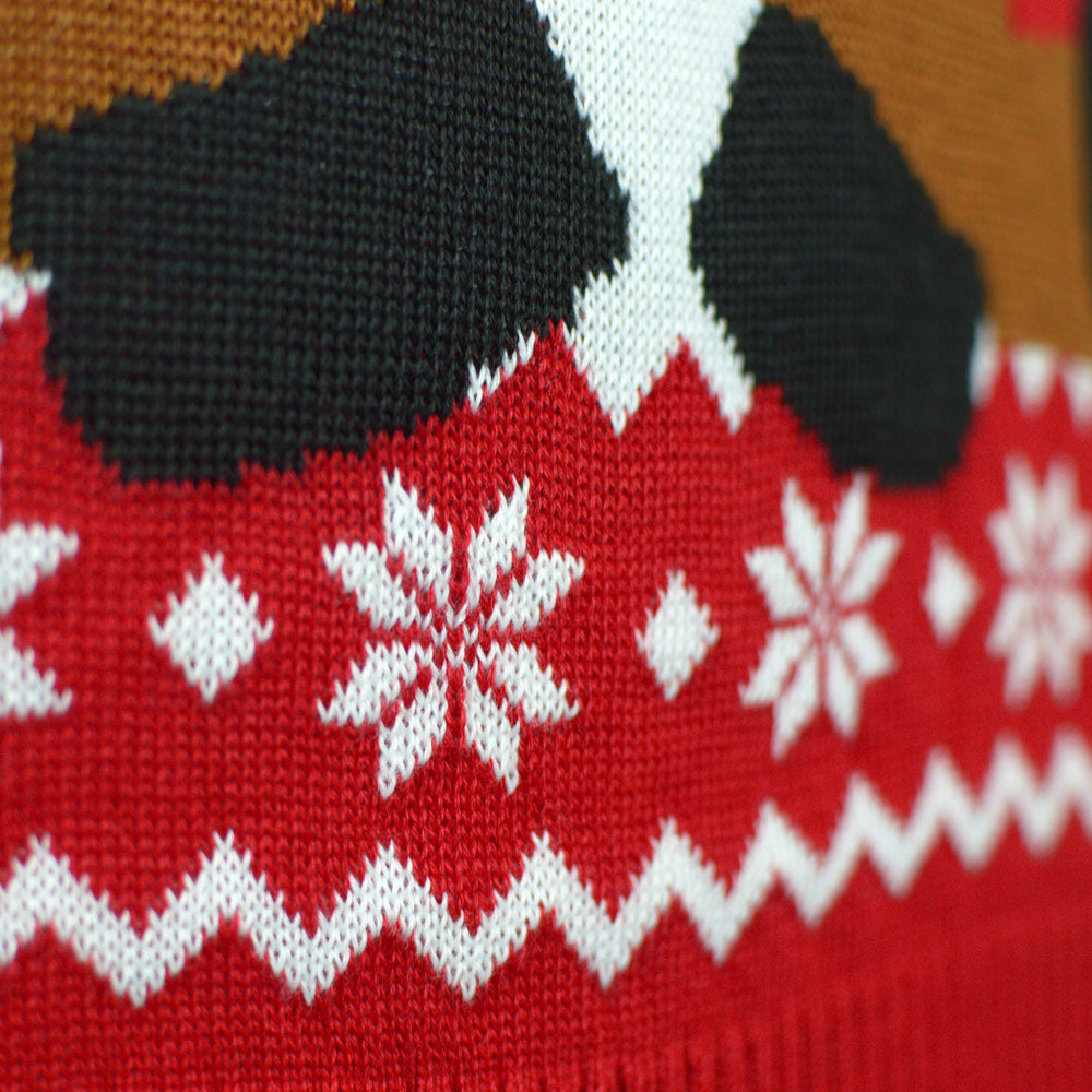 Red Couple's Ugly Christmas Sweater with Rudolph the Happy Reindeer detail