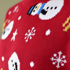 detail Red Couple's Ugly Christmas Sweater with Santa, Trees and Snowmens