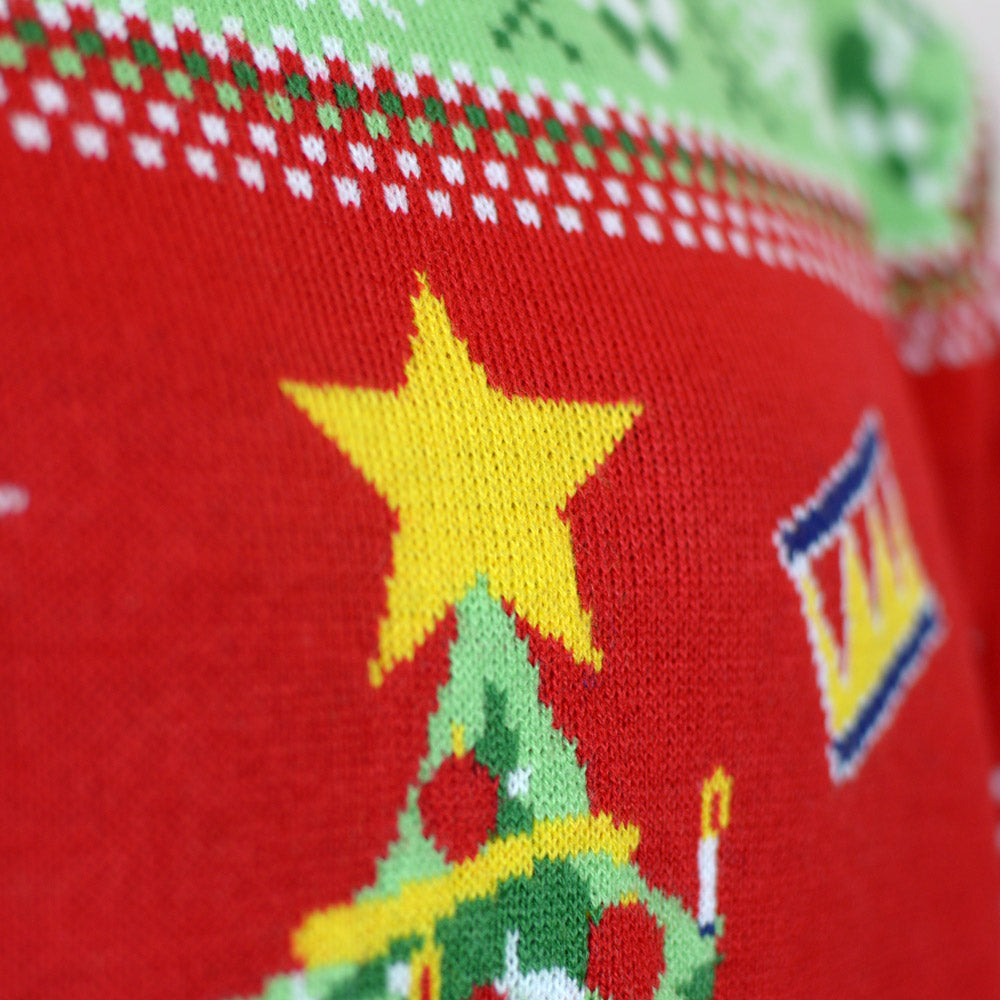 Red LED light-up Men's Ugly Christmas Sweater with Christmas Tree detail