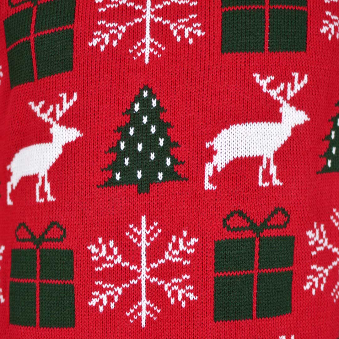 detail Red Men's Ugly Christmas Sweater with Reindeers, Gifts and Trees