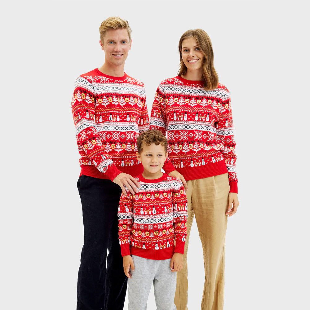 Red Organic Cotton Womens Family Ugly Christmas Sweater Snowmen Trees