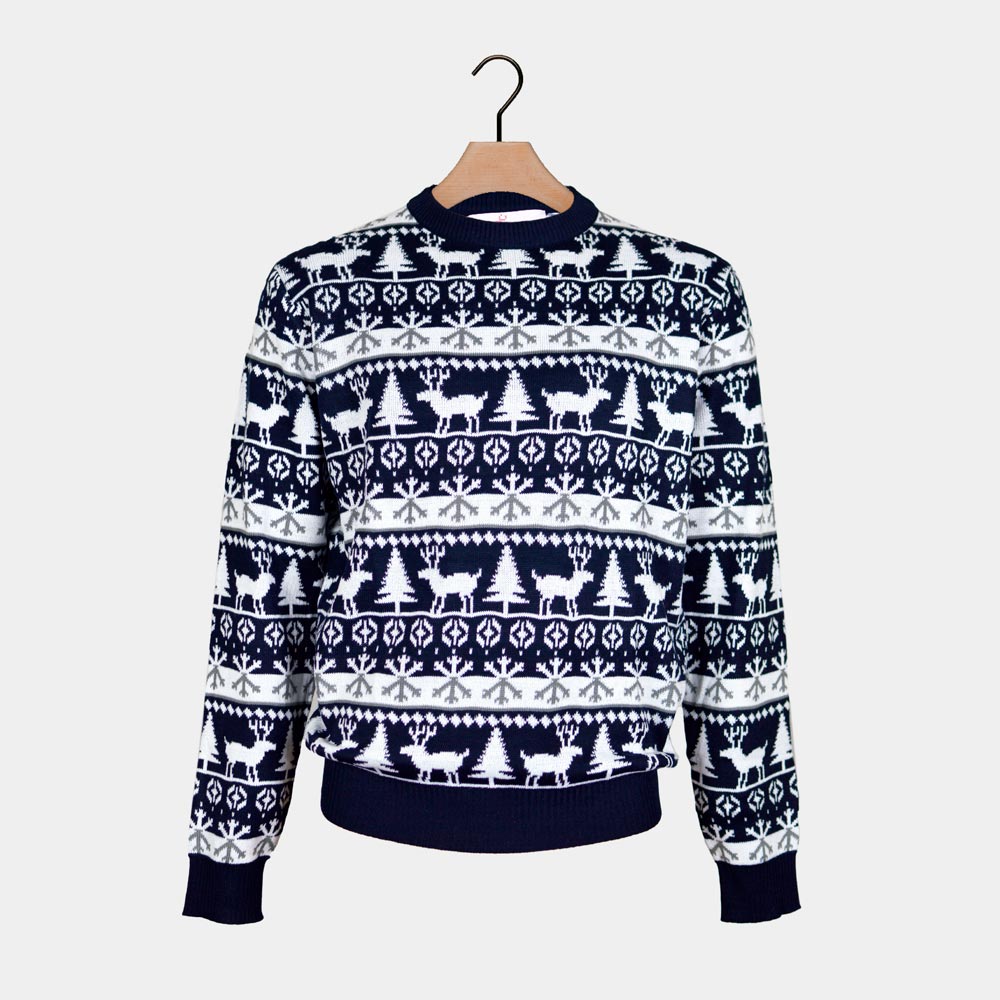 Family Ugly Christmas Sweater with Reindeers and Trees Strips