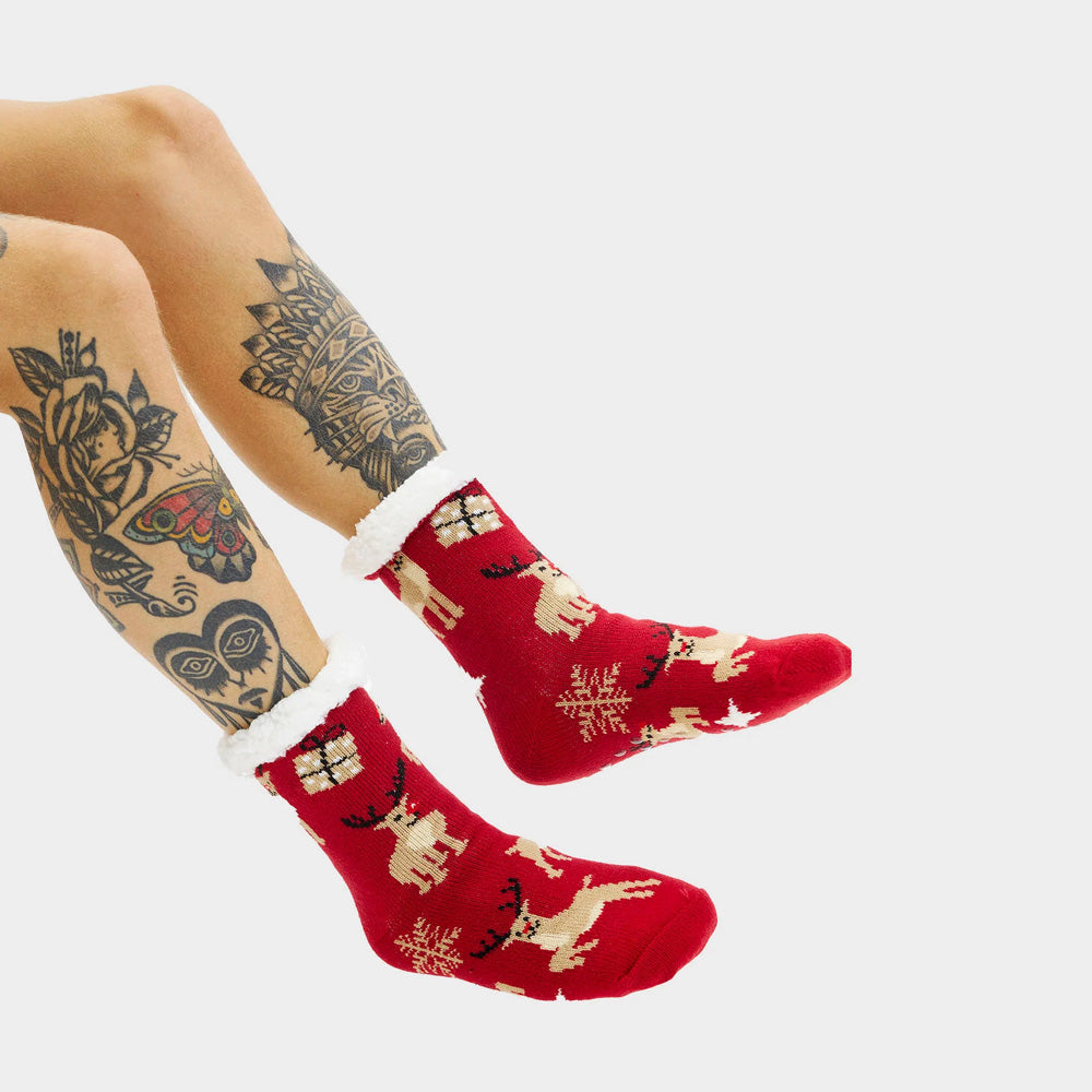 Fuzzy Ugly Christmas Socks with Reindeers and Gifts
