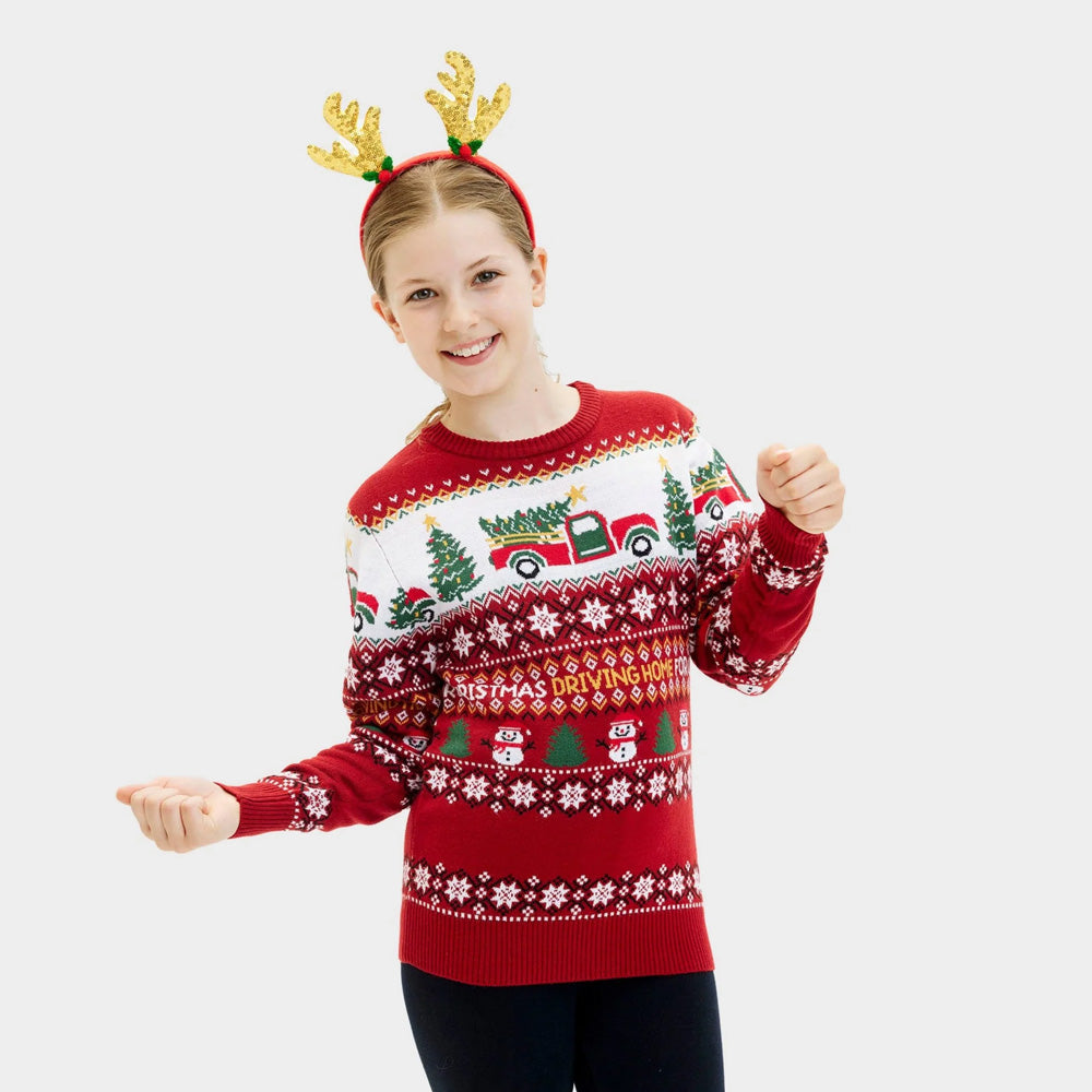 Girls and Boys Ugly Christmas Sweater Driving Home
