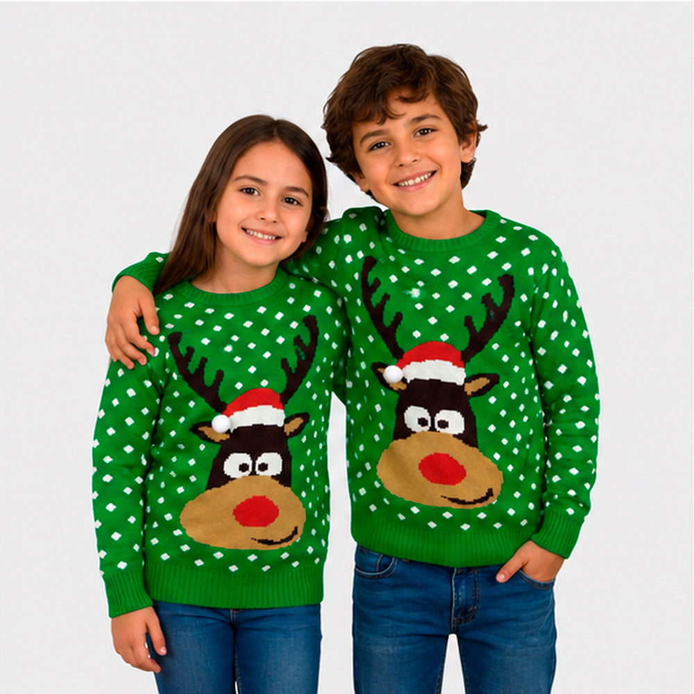 Matching Family Green 3D Cotton Ugly Christmas Sweater Children – Reindeer with Santa's hat
