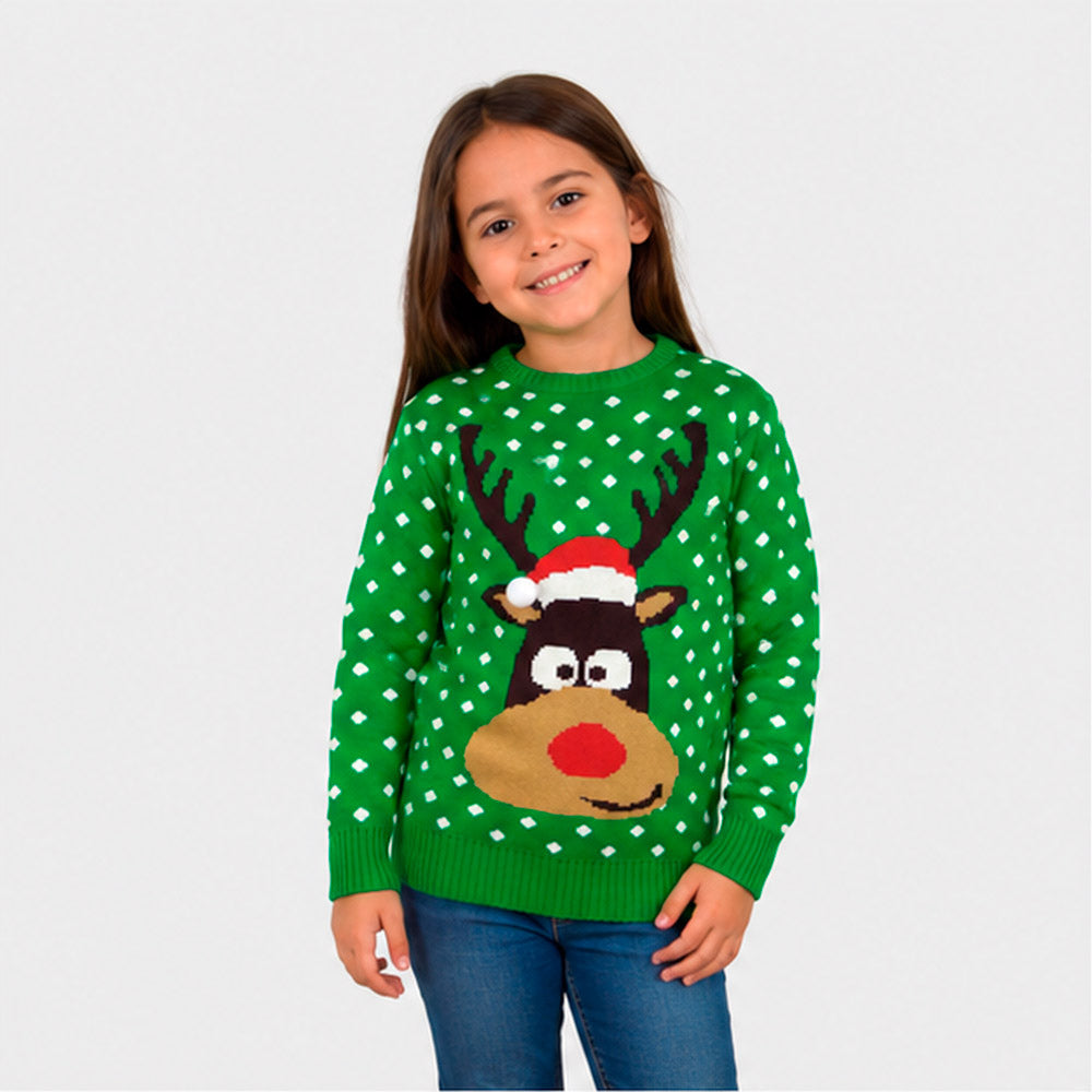 Matching Family Green 3D Cotton Ugly Christmas Sweater Girl – Reindeer with Santa's hat

