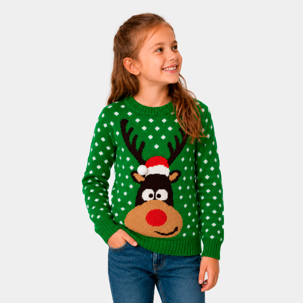 Matching Family Green 3D Cotton Ugly Christmas Sweater Girl – Reindeer with Santa's hat

