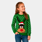 Matching Family Green 3D Cotton Ugly Christmas Sweater Girl – Reindeer with Santa's hat

