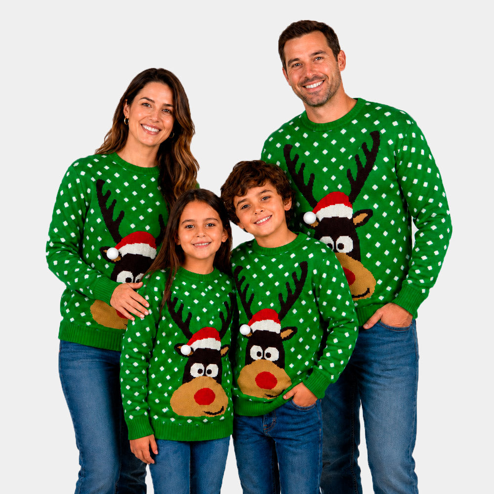 Matching Family Green 3D Cotton Ugly Christmas Sweater – Reindeer with Santa's hat
