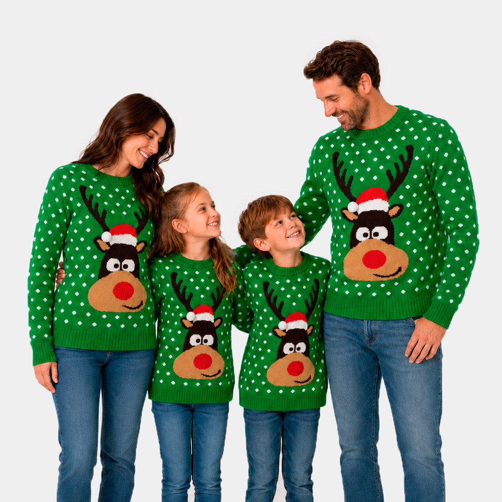 Matching Family Green 3D Cotton Ugly Christmas Sweater – Reindeer with Santa's hat
