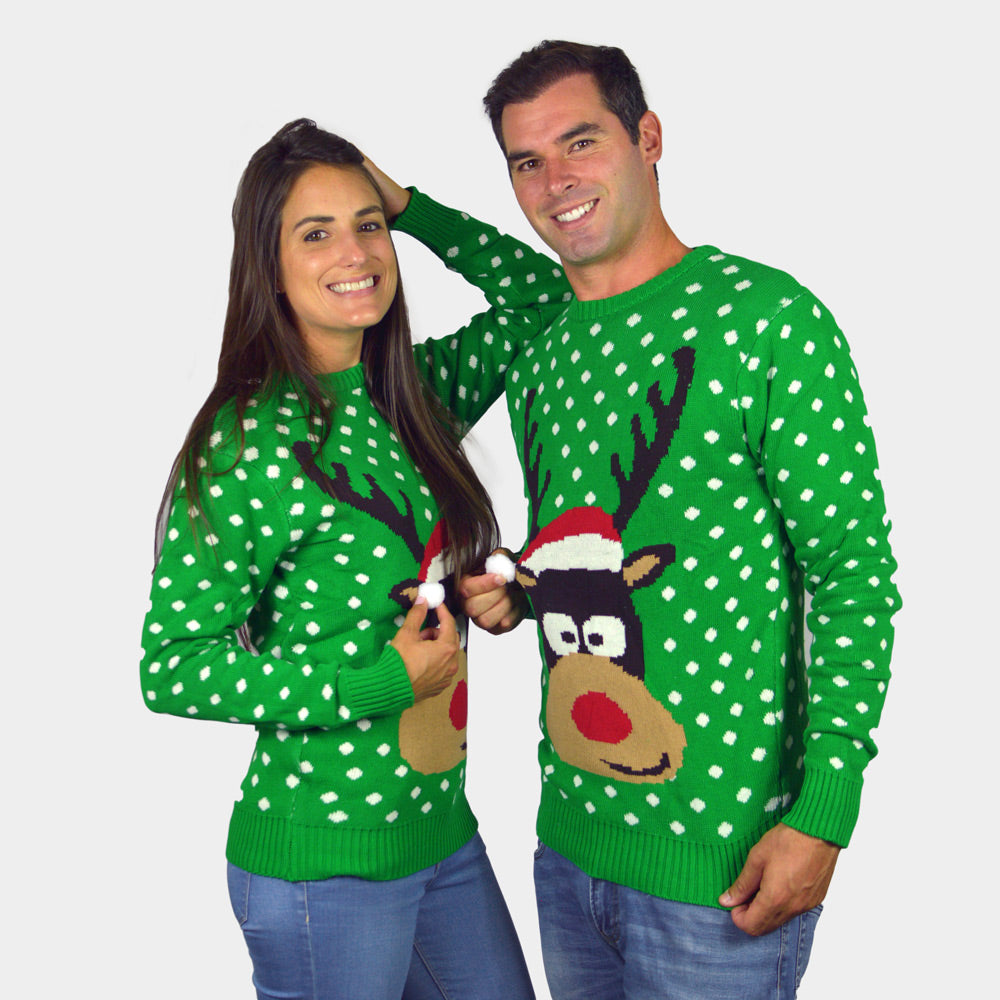 Green 3D  Ugly Christmas Sweater Reindeer with Santa's hat Couples