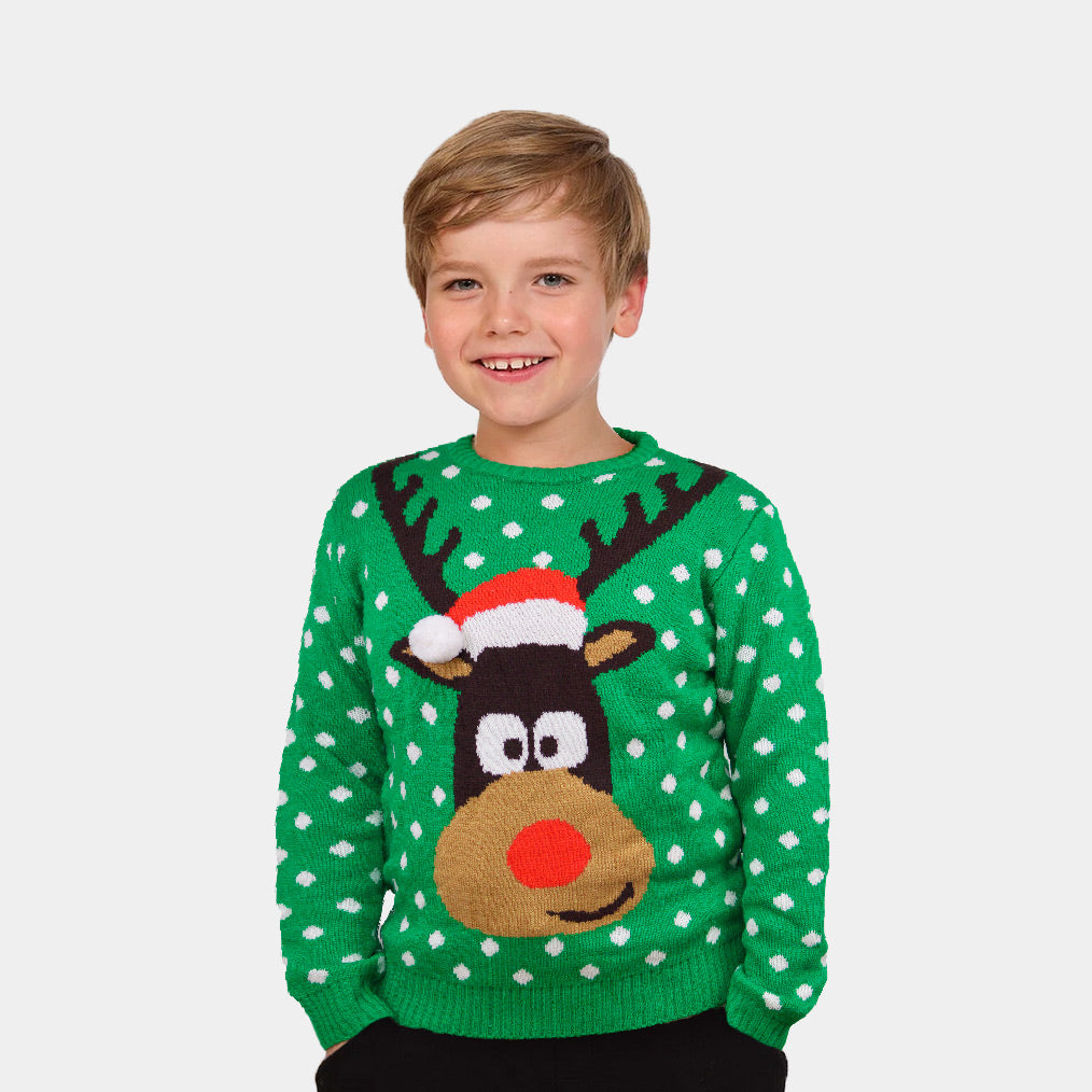 Children Green 3D Womens Ugly Christmas Sweater Reindeer Santa's hat