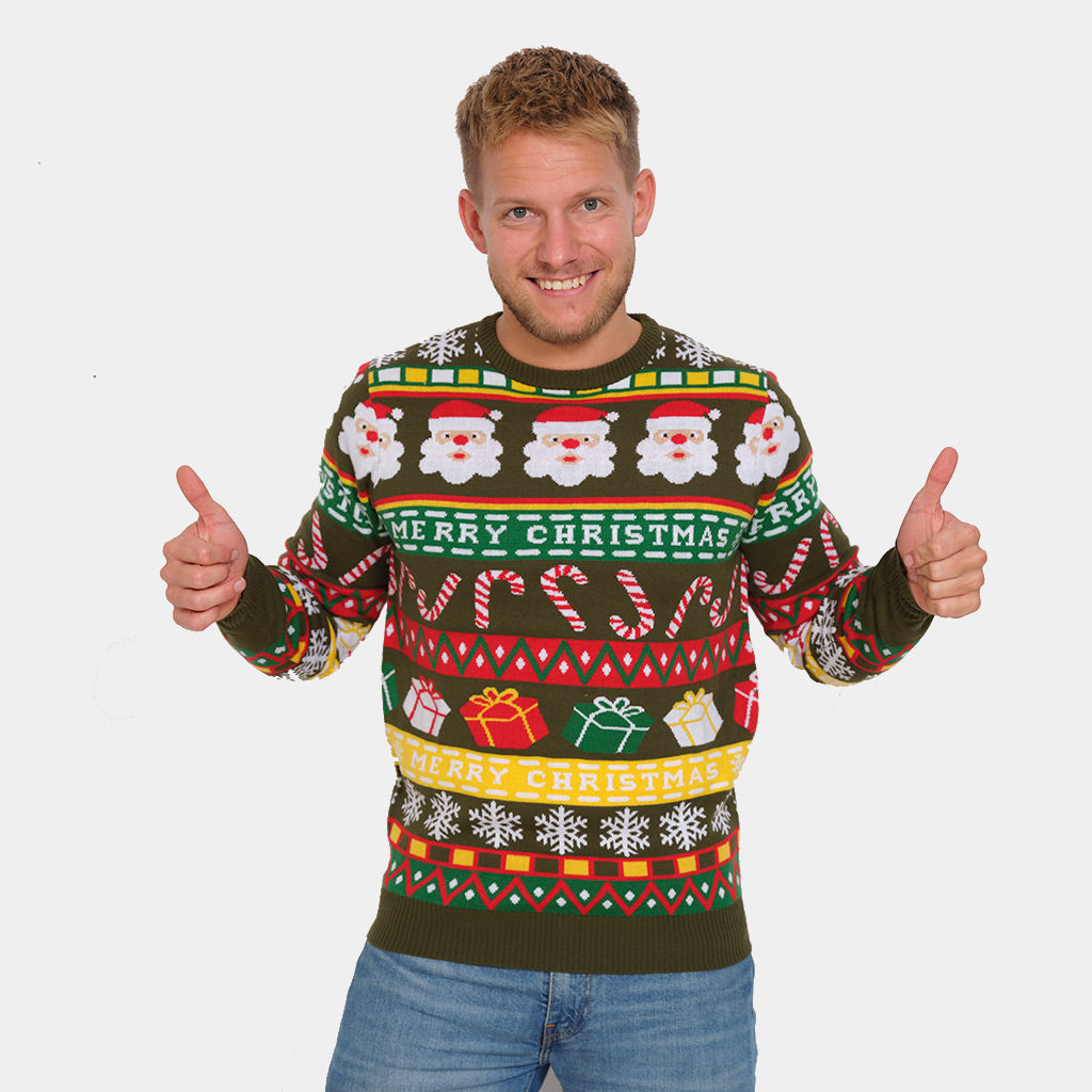 Mens Green Couple's Ugly Christmas Sweater with Santa and Gifts