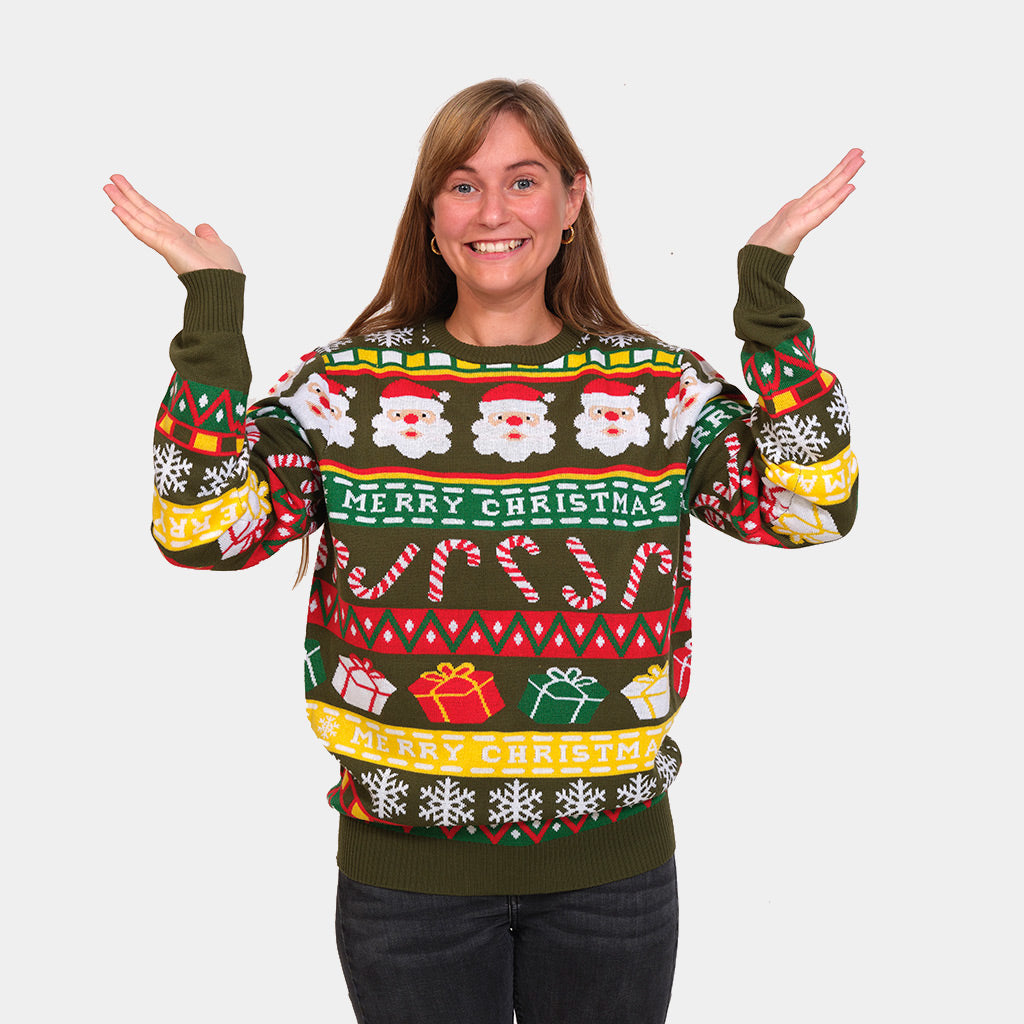 Womens Green Couple's Ugly Christmas Sweater with Santa and Gifts