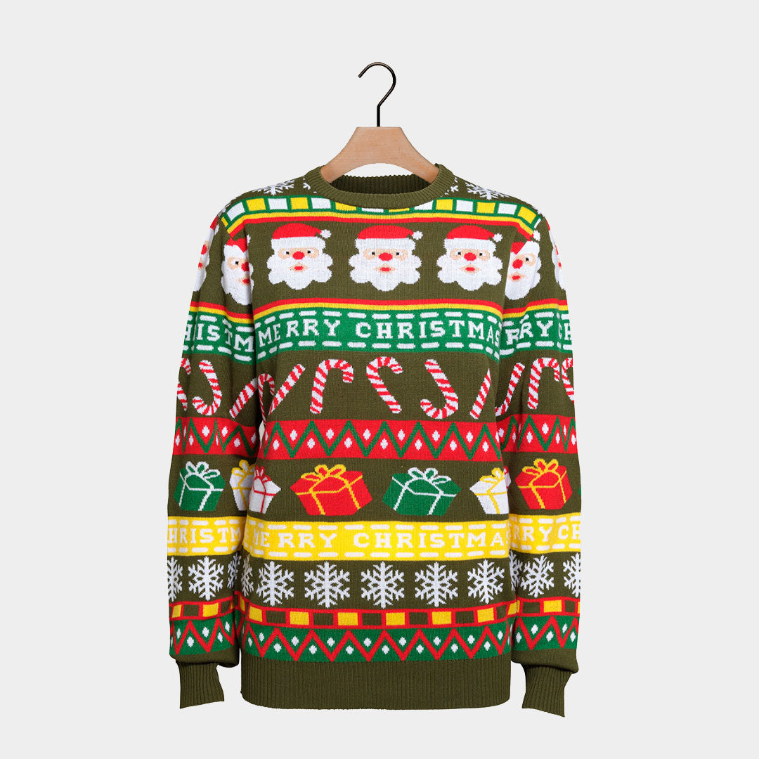 Green Couple's Ugly Christmas Sweater with Santa and Gifts