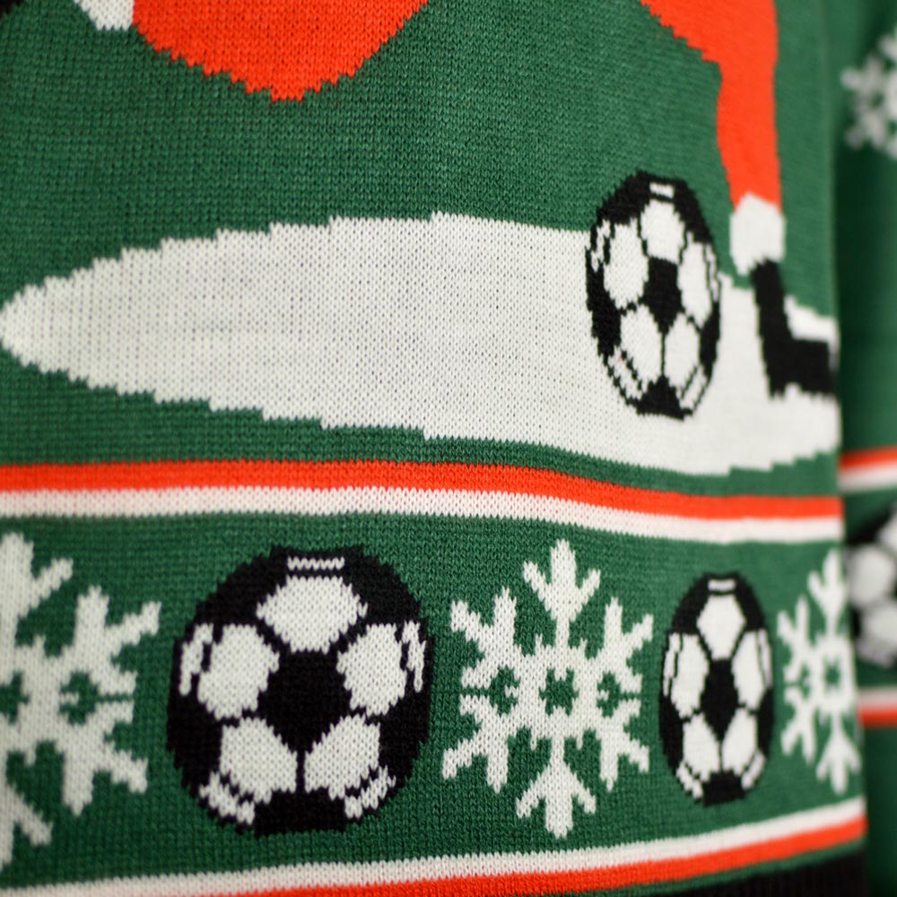 Green Couple's Ugly Christmas Sweater detail Santa playing Soccer