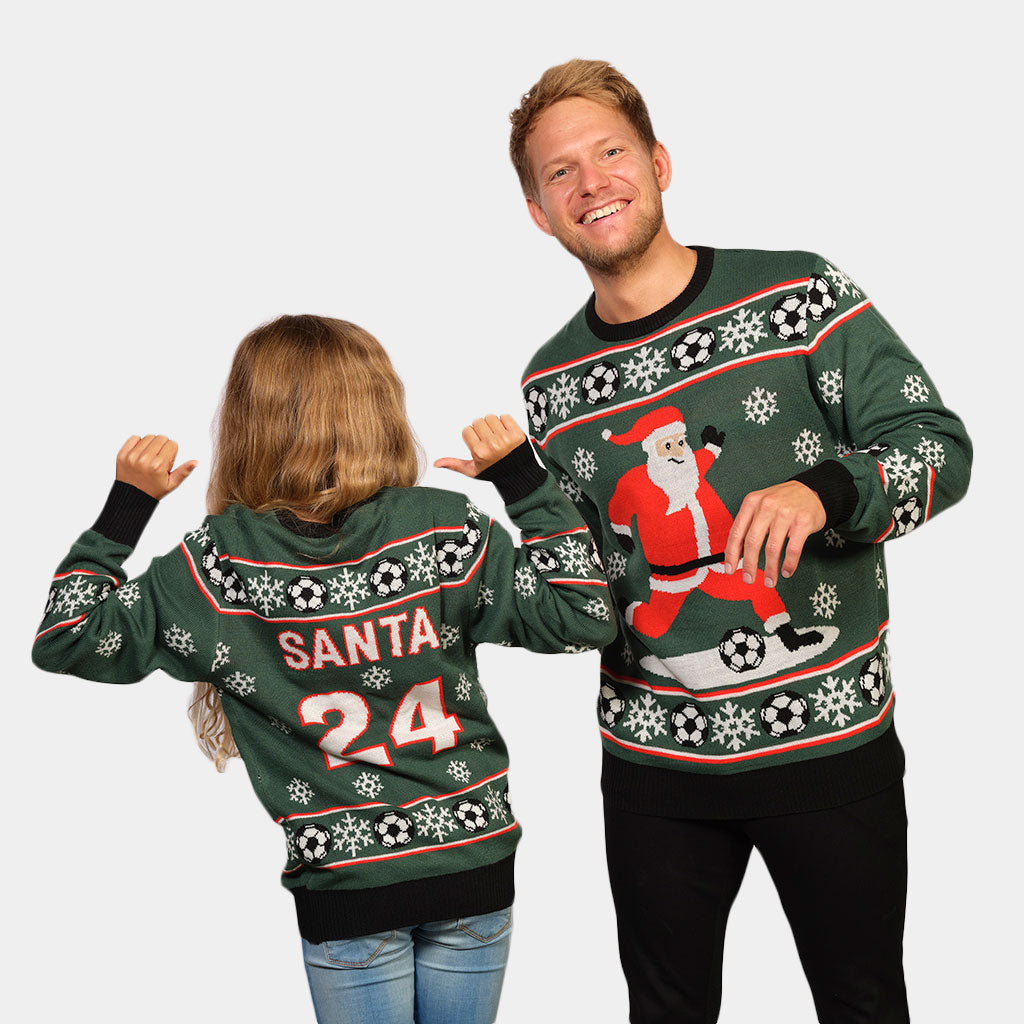 Green Couple's Ugly Christmas Sweater with Santa playing Soccer Mens
