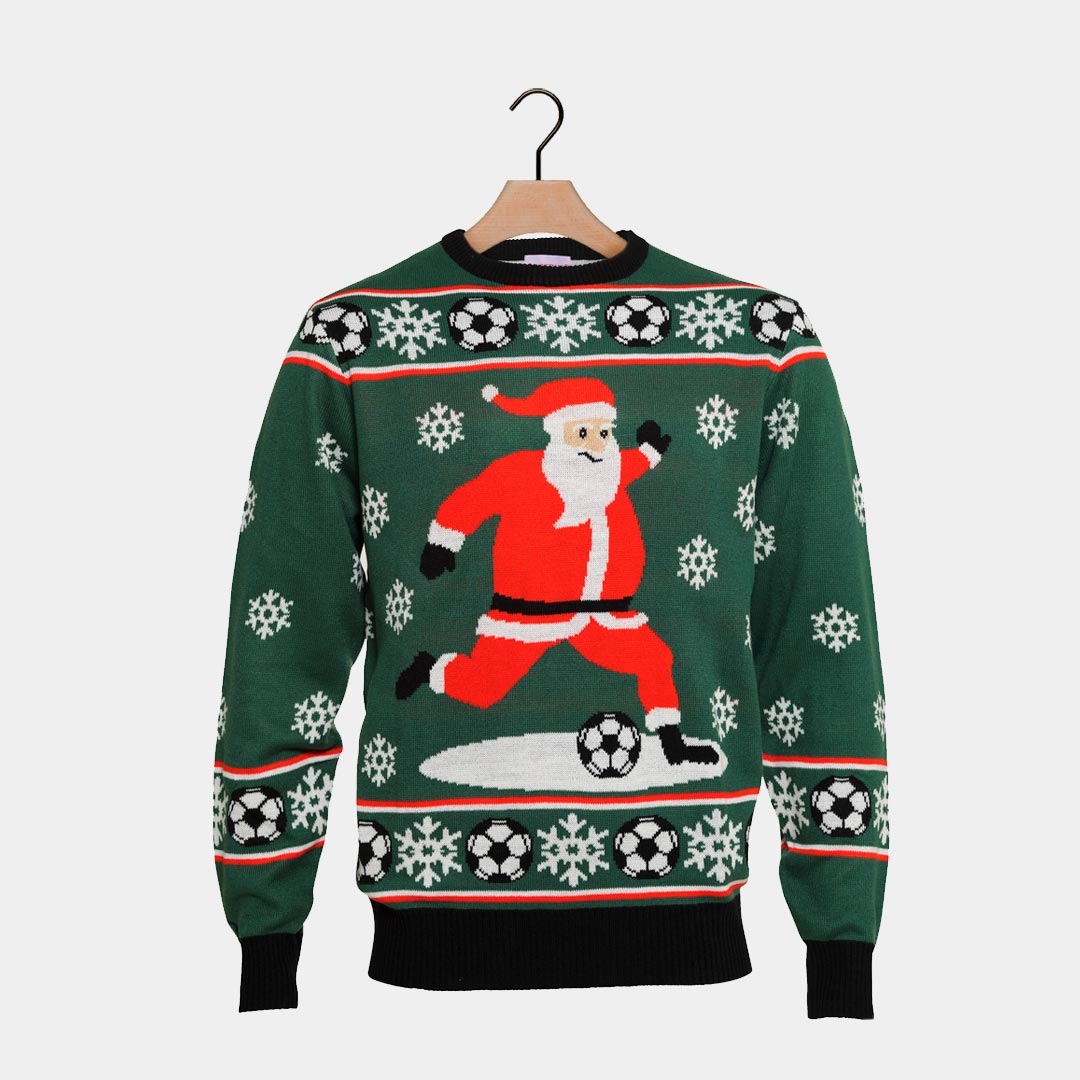 Green Couple's Ugly Christmas Sweater with Santa playing Soccer