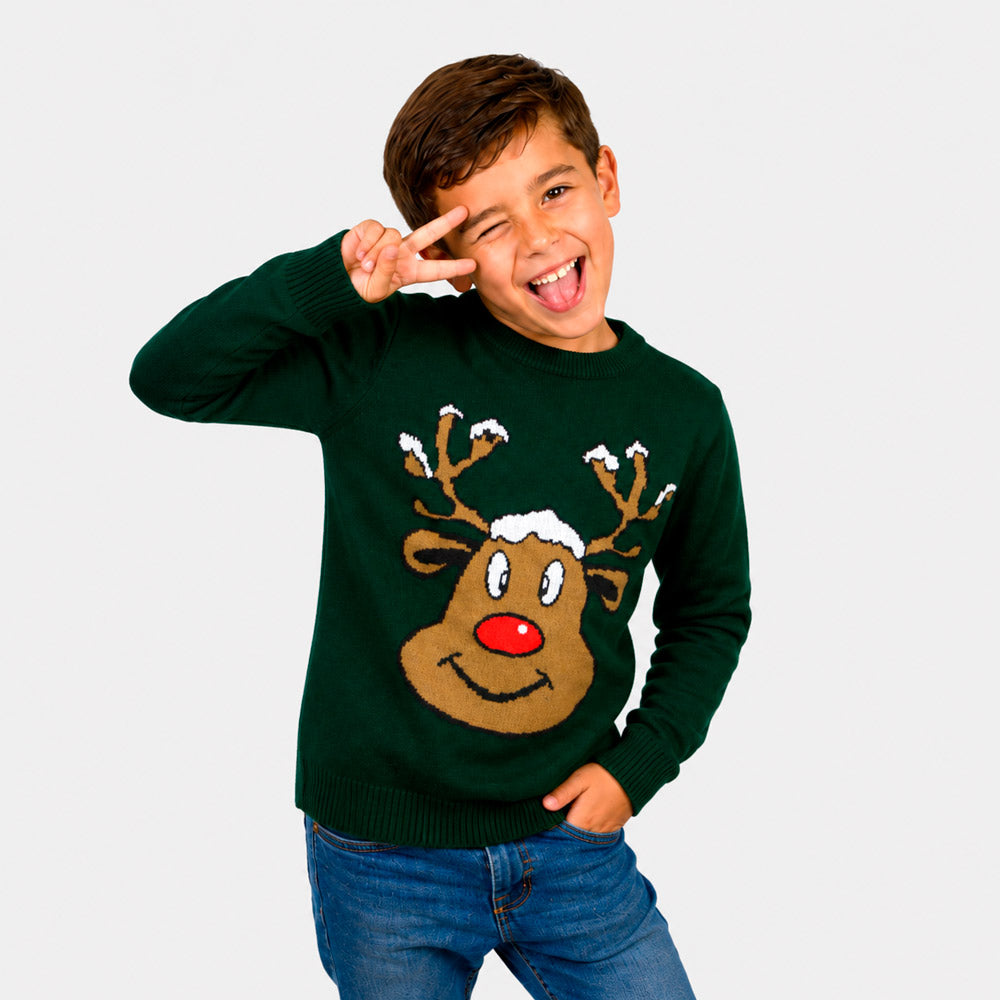 Green Family Ugly Christmas Sweater with Smiling Reindeer Children