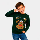 Green Family Ugly Christmas Sweater with Smiling Reindeer Children